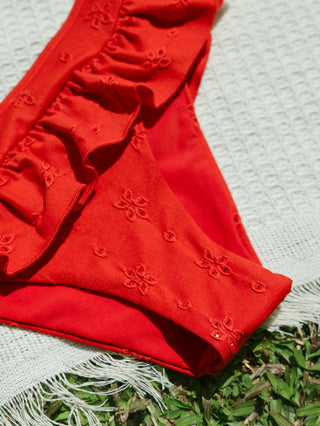 Red Recycled Fabric Jacquard Peplum Skirted Low Rise Bikini Bottom
