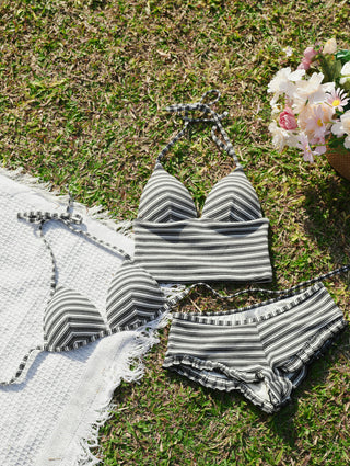 Black Knit Striped Ribbed Halter Push Up Top & Cheeky Boyshorts Tankini Set