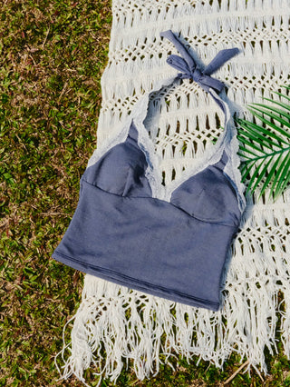 Deep Blue Denim Lace Plunging Neck Cheeky Boyshorts Tankini Set