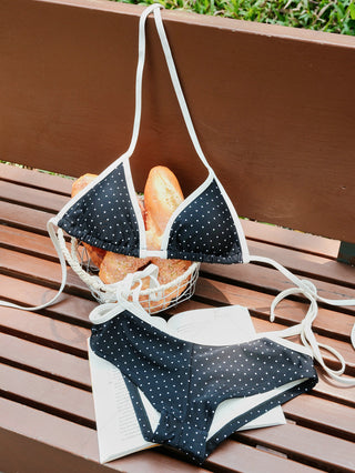 Black Polka Dot Contrast Binding Cutout Tie  Bikini Bottom Cheeky Swim Boyshorts
