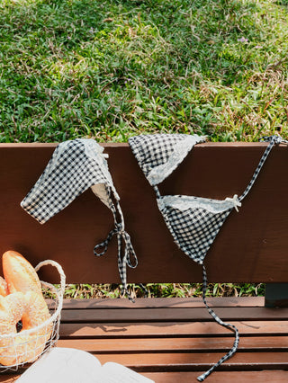 Black Plaid Lace Bowknot Halter Triangle Bikini Set