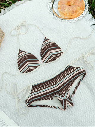 Deep Coffee Ribbed Striped Triangle Push Up Top & Cheeky Boyshorts Bikini Set
