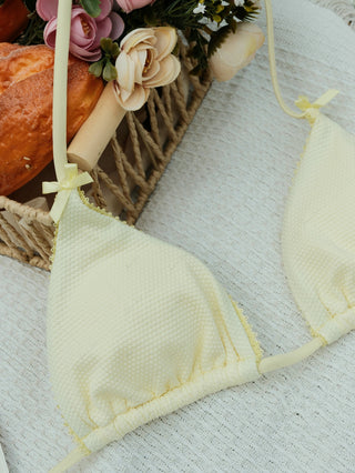 Light Yellow Textured Knit Fabric Lace Bowknot Triangle Skirtini Bikini Set