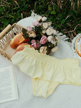 Light Yellow Textured Knit Fabric Lace Bowknot Triangle Skirtini Bikini Set