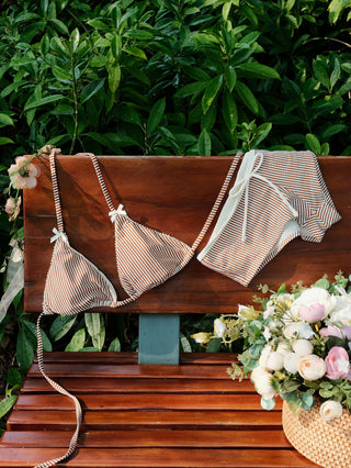 Coffee Striped Lace Bowknot Halter Triangle Cheeky Boyshort Bikini Set
