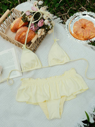Light Yellow Textured Knit Fabric Lace Bowknot Triangle Skirtini Bikini Set