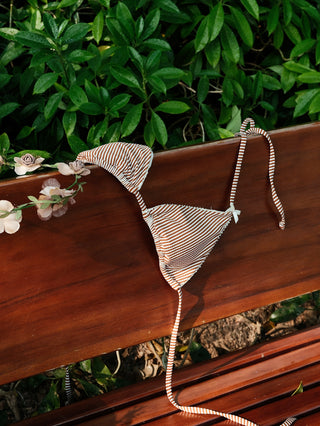 Coffee Striped Lace Bowknot Halter Triangle Cheeky Boyshort Bikini Set