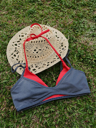 Deep Blue Denim Contrast Color Double Layer Bikini Top