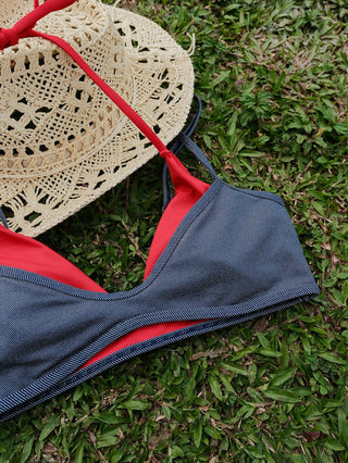 Deep Blue Denim Contrast Color Double Layer Bikini Top