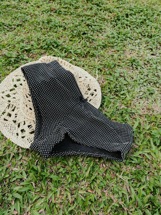 Black Pin Dot Jacquard Fabric Low Rise Bikini Bottom Cheeky Swim Boyshorts
