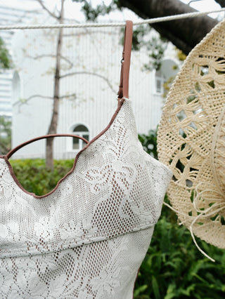 Crystal Cream Lace Contrast Piping Hanky Hem Cinched Tankini Top