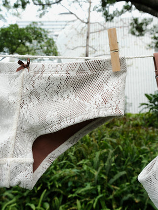 Crystal Cream Lace Contrast Piping Hanky Hem Cheeky Boyshorts Tankini Set