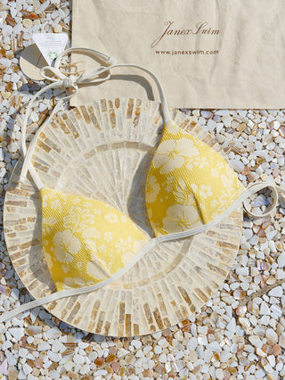 Yellow Recycled Fabric Jacquard Halter Triangle Push Up Bikini Top