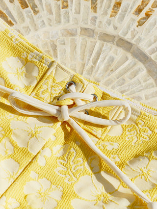 Yellow Recycled Fabric Jacquard Grommet Lace Up Bikini Bottom Cheeky Swim Boyshorts