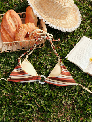 Yellow Contrast Color Ribbed Knit Striped O Ring Double Layer Bikini Top