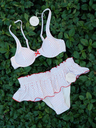 Crystal Cream Polka Dot Ruffles Peplum Skirted Low Rise Bikini Bottom