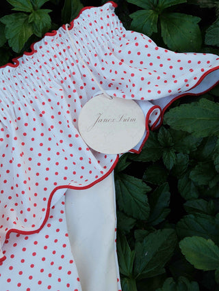 Crystal Cream Polka Dot Ruffles Peplum Skirted Low Rise Bikini Bottom