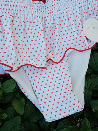 Crystal Cream Polka Dot Ruffles Peplum Skirted Low Rise Bikini Bottom