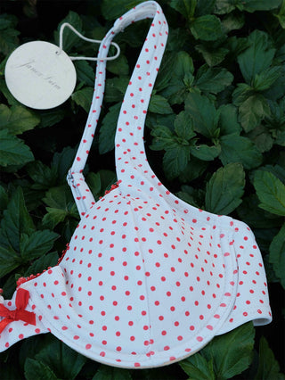 Crystal Cream Polka Dot Lace Bowknot Underwire Bikini Top