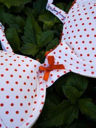 Crystal Cream Polka Dot Lace Bowknot Underwire Bikini Top