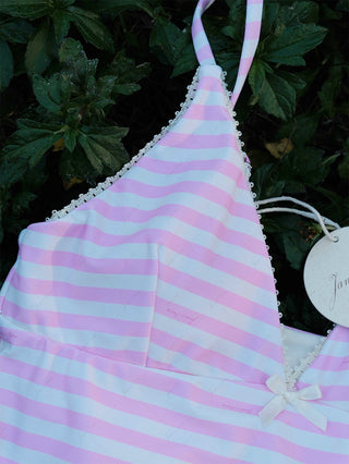 Light Pink Striped Lace Bowknot Plunging Neck Tankini Top
