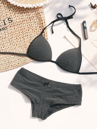 Black Pin Dot Jacquard Fabric Triangle Push Up Top & Cheeky Boyshort Bikini Set