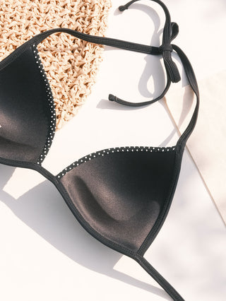Black Pin Dot Jacquard Fabric Halter Triangle Bikini Top
