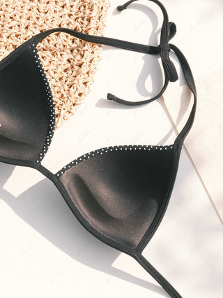 Black Pin Dot Jacquard Fabric Halter Triangle Push Up Bikini Top