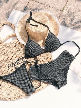 Black Pin Dot Jacquard Fabric Triangle Push Up Top & Cheeky Boyshort Bikini Set