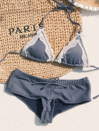 Deep Blue Denim Lace Bowknot Halter Triangle Bikini Top & Low Rise Cheeky Boyshorts Set