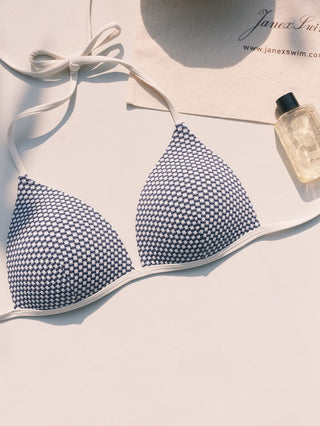 Deep Blue Polka Dot Print Triangle Push Up Bikini Top