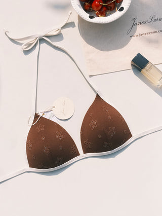 Deep Coffee Recycled Fabric Eyelet Jacquard Push Up Bikini Top