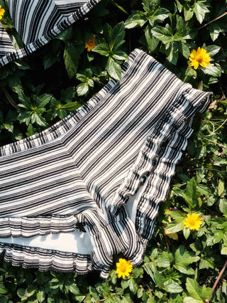 Black Knit Striped Ribbed Peplum  Bikini Bottom Cheeky Swim Boyshorts