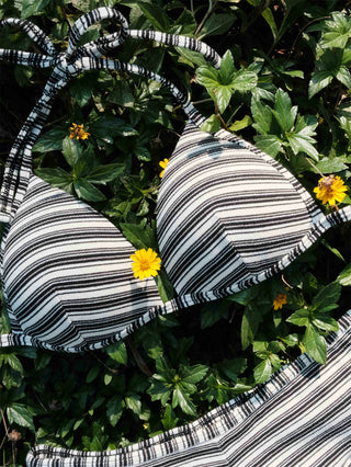 Black Knit Striped Ribbed Halter Triangle Bikini Top