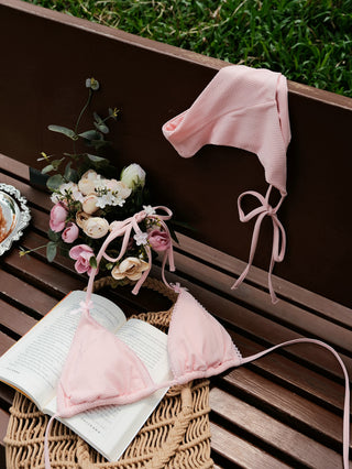 Pink Textured Knit Fabric Halter Triangle Top & Cheeky Brazilian Bottom Bikini Set