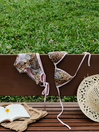 Brown Leopard Paisley Print Contrast Binding Cheeky Boyshorts Bikini Set
