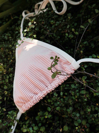 Cherry Red Striped Contrast Binding Halter Triangle Bikini Top