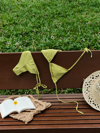 Green Recycled Fabric Triangular Grid Pattern String Cheeky Brazilian Bikini Bottom