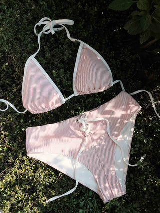 Cherry Red Striped Contrast Binding Halter Triangle Bikini Top