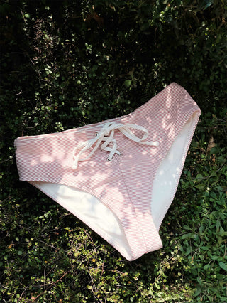 Cherry Red Striped Grommet Lace Up Bikini Bottom