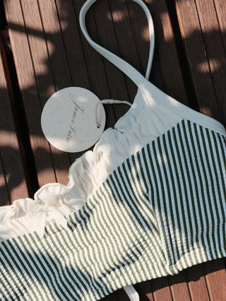 Green Striped Spliced Ruched Ruffles Bowknot Bikini Top