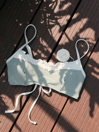 Green Striped Spliced Ruched Ruffles Bowknot Bikini Top