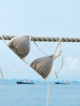 Brown Ribbed Knit Striped Contrast Binding Cheeky Boyshorts Bikini Set