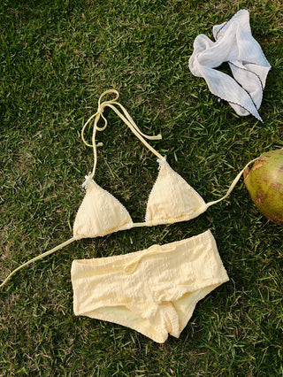 Yellow Floral Jacquard Textured Lace Bowknot Triangle Bikini Set