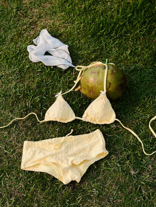 Yellow Floral Jacquard Textured Lace Bowknot Triangle Bikini Set