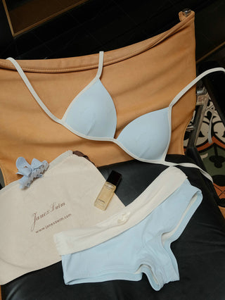 Light Blue Contrast Binding Ribbed Knit Halter Triangle Push Up Bikini Set