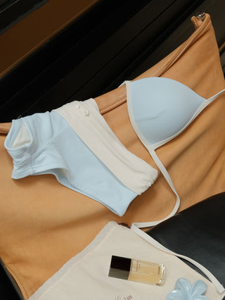 Light Blue Contrast Binding Ribbed Knit Halter Triangle Push Up Bikini Top