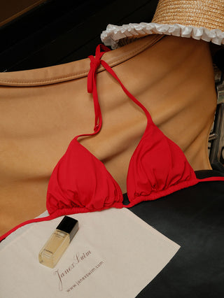 Red Ruched Halter Triangle Bikini Top