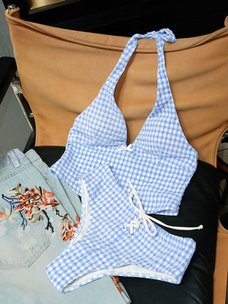 Light Blue Gingham Grommet Lace Up Bikini Bottom