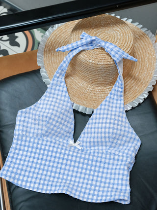 Light Blue Bubble Grid Textured Plunging Neck Halter Tied Tankini Top